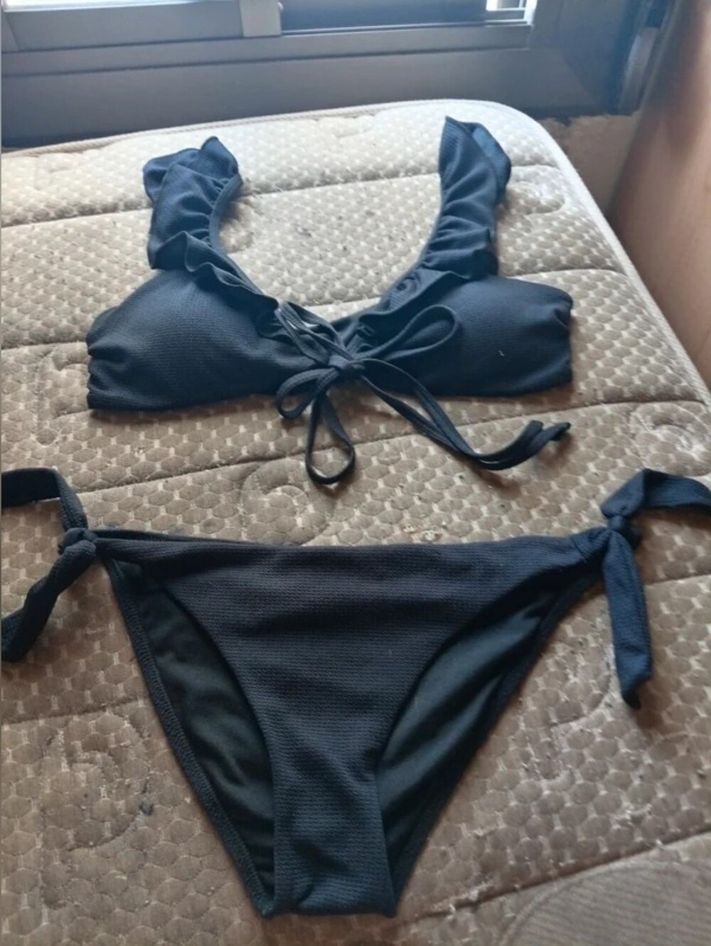 Black Ruffle Strap Tie-Side Bikini Set - Women Swim